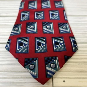 Henry Grethel 100% Silk Mens Neck Tie Red Blue Black Ivory Geometric Pattern - Picture 1 of 6