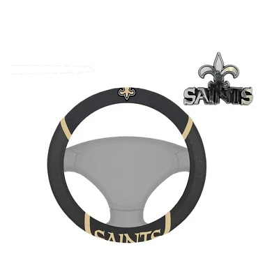 NFL NEW ORLEANS SAINTS CAR Mesh Grip STEERING WHEEL COVER & PLASTIC CHROME DECAL - Image 1 of 4