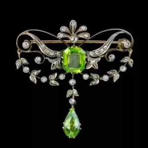 3Ct Pear Cut Lab Created Peridot Diamond Vintage Brooch Pin 14K Two Gold Plated - Picture 1 of 6