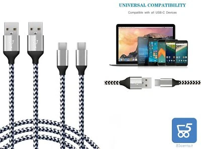 Cavo USB Type-C Ultra Rapido 1Mt 2 Pcs nylon intrecciato 3A Dati Carica Android - Immagine 1 di 4