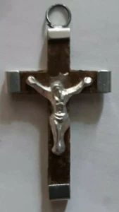 Mini Metal & Wood Crucifix engraved Jerusalem Souvenir Necklace Vtg - Picture 1 of 3