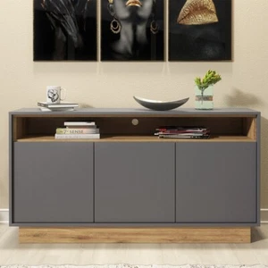130cm Modern Sideboard Cabinet | Grey Matt Fronts | Oak Base | Storage Cupboard - Picture 1 of 9