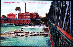 Alemania c1910 Ludwigshafen Rolling Mill, puente del Rin y barco fluvial - Imagen 1 de 3
