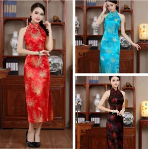 Chinesisches Damen Satin Abendkleid Ball lang Sommer Cheongsam traditionell Qipao - Bild 1 von 9