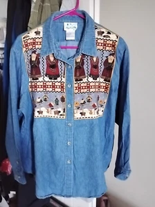 Camicia denim con bottoni THE QUACKER FACTORY vintage a tema natalizio 1X - Foto 1 di 10