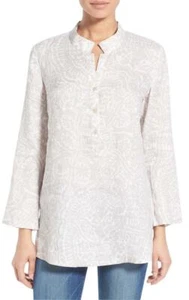 NIC+ZOE 'Seacoast' Print Linen Mandarin Collar Top, Powder, size L, NWT - Picture 1 of 5