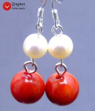 6mm Red Natural Round Coral and White 6-7mm Pearl Dangle Earring for Women e350