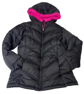 Girls Black Puffer Jacket With hood Pink Faux Fur Large 10/12 Faded Glory Coat - Picture 1 of 8