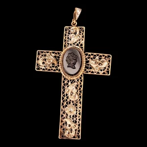 Antique Czechoslovakia Signed Filigree Copper/Brass Cross Pendant w/Black Cameo - Picture 1 of 13