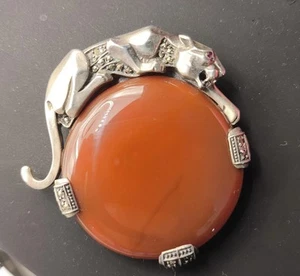 Spilla pantera vintage stile argento sterling 925 topazio rosa e marrone ambra rara - Foto 1 di 8