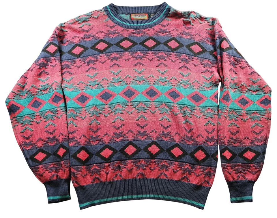 Suéter masculino vintage Santana grande vermelho azul-petróleo gola redonda malha asteca sudoeste anos 90 - Imagem 1 de 4