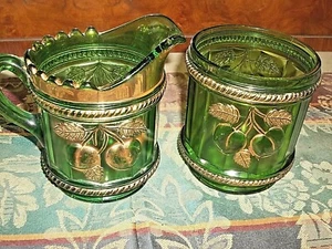NORTHWOOD PEACH & CABLE CREAMER & SUGAR BOWL in EMERALD GREEN - Picture 1 of 7