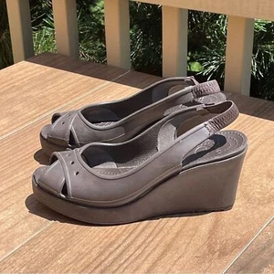Crocs Farrah Slingback Wedge Heels Peep Toe Sandals Brown Size 9 - Picture 1 of 6