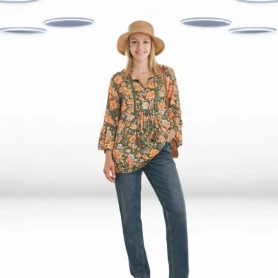 Женский осенний топ Ex Joe Browns с рифленым рукавом и принтом в зеленом цветочном исполнении - Изображение 1 из 4