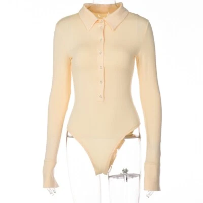 Damen Body Oberteil Langärmelig V-Ausschnitt Knöpfe Bodycon Slim Sexy Hemd - Bild 1 von 4