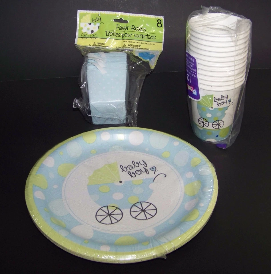 Boy Baby Shower Party Supplies Lot, Favor Boxes, Plates, Cups, Blue Polka Dots - Image 1 of 4