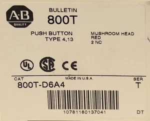 ALLEN BRADLEY 800T D6A4 RED Mushroom Head Momentary Pushbutton 2NC Contact Block - Picture 1 of 4
