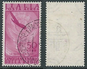 1947 ITALIA USATO POSTA AEREA RADIO 50 £ FILIGRANA LETTERA DOPPIA FILA LARGA R7 - Foto 1 di 1