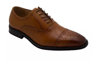 Men's Genuine Leather Brogue Cap-Toe Lace-Up Oxford Casual Dress Shoes - Picture 1 of 20