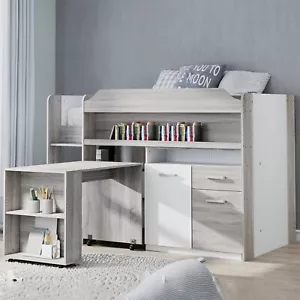 CAPE SINGLE LOFT MIDI SLEEPER CABIN BUNK BED DESK CUPBOARD WHITE and GREY - Picture 1 of 3