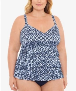 Swim Solutions Plus Size 22W Triple-Tier Tummy-Control Fauxkini One-Piece Blue - Picture 1 of 5