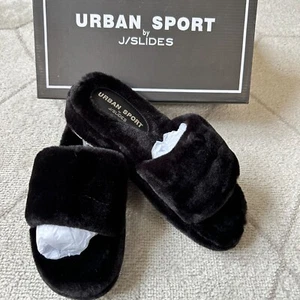 NIB J/SLIDES Urban Sport Black Faux Fur Platform Slides Sz 8 - Picture 1 of 4