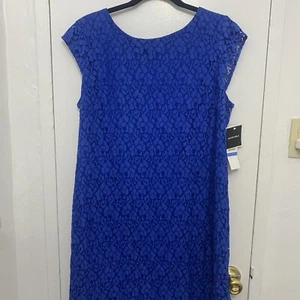 Seats MISSY Allover Lace Royal Blue Women Short Sleeve Dress Plus Size 18 Career - Picture 1 of 10