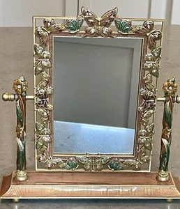 9”x 8” Vanity Swivel Mirror Enameled Metal Butterflies Easel Stand Picture Frame - Picture 1 of 14