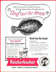 1958 KNICKERBOCKER BEER AD ~ THE SINGING FLOUNDER ~ SALT WATER FISHING CONTEST - Picture 1 of 1