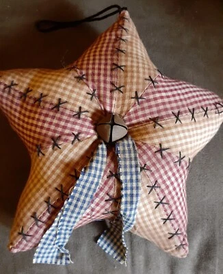 Handmade Primitive Folk Art Star gingham with bell 9" - Image 1 of 2