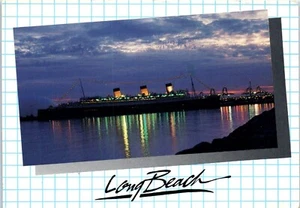 Queen Mary Lighted Up Across the Harbor, Long Beach, California Postcard - Picture 1 of 2
