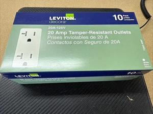 Salida dúplex resistente a manipulaciones Leviton T5825-WMP Decora 20 Amp, blanca (paquete de 10) - Imagen 1 de 5