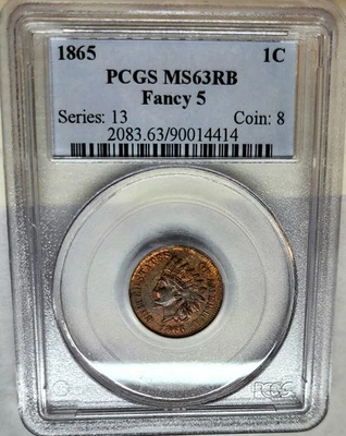 CHOICE 1865 INDIAN HEAD PENNY CENT 1C PCGS MS63 RB "FANCY 5" - Image 1 of 4