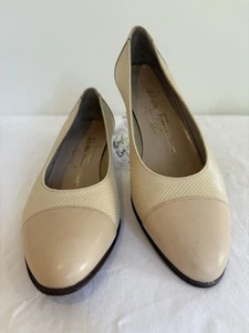 Salvatore Ferragamo Boutique 7.5B US Women’s Pumps Beige Low Block Heel Toe Cap - Picture 1 of 13