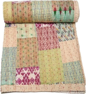 Kantha Patchwork Bed cover Silk Throw Blanket Multi Quilt Bedding Bedspread - Picture 1 of 8