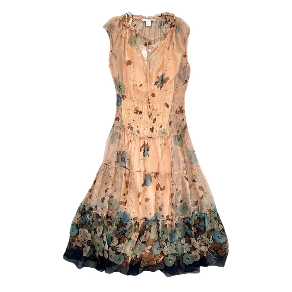 Vintage Rebecca Taylor Silk Floral Midi Dress Pink 4 Cottagecore Fairy Romantic - Image 1 of 4