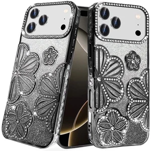 For iPhone 17 PRO Case Bling Floral 3D Glitter TPU Phone Cover + Tempered Glass - Picture 1 of 20