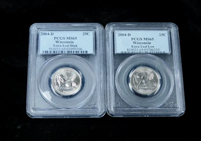 2004-D 25c Wisconsin State Quarter - PCGS MS65 Set Extra Low & High Leaf - Image 1 of 4