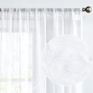 White Sheer Curtains Leaf Embroidered 84 Inch Long for Living Room Bedroom Ro... - Picture 1 of 8
