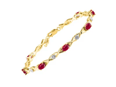 RYLOS RUBY & DIAMOND TENNIS BRACELET YELLOW GOLD PLATED SILVER 7-8"  - Image 1 of 4