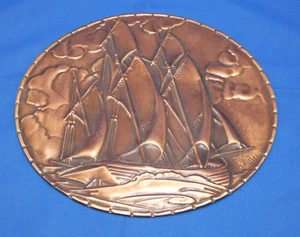 Vintage Embossed Copper Art Plaque Sail Boat Ship Repousse Albert Gilles Signed - Picture 1 of 6