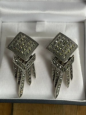 Judith Jack 纯银 Marcasite 925 银耳环复古穿孔枝形吊灯 — 第 1/4 张图片