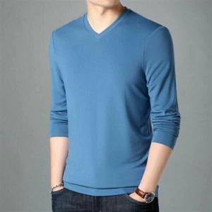 Men Men's Long-Sleeved V-Neck Shirt T-Shirt Pure Color Casual Pullover Tops - Picture 1 of 12