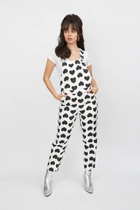 Lazy Oaf Overalls Womens Size 8 Black White Love Heart Monochrome Dungarees - Picture 1 of 15