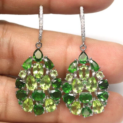 Gemstone Green Peridot, Diopside & Zircon Earrings 925 Silver White Gold - Image 1 of 4