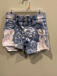 So Girls Denim Cuffed Shorts Size 14 Bleach Paint Splatter Button Up Blue - Picture 1 of 5
