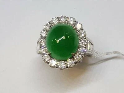 Burma Imperial Green 7.24CT Jadeite Jade & Shiny White 2.05CT White Zircon Ring - Image 1 of 4
