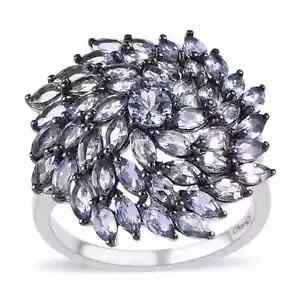 4.85ctw Tanzanite Floral Spray Ring Platinum & Black Rhodium Plated Size 8 - Picture 1 of 6