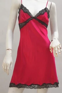 Victoria Secret Red With Black Lace Trim Silk Negligee - Picture 1 of 8