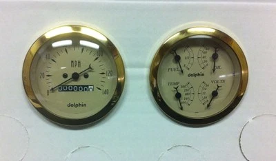 Gauge Set 3 3/8 MECHANICAL GOLD  QUAD STYLE STREET ROD, HOT ROD, UNIVERSAL - Image 1 of 4